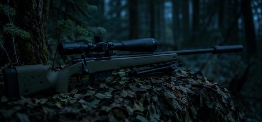 Airsoft sniper rifle with scope Airsoft sniper rifle with scope resting on camouflage netting in dark woodland