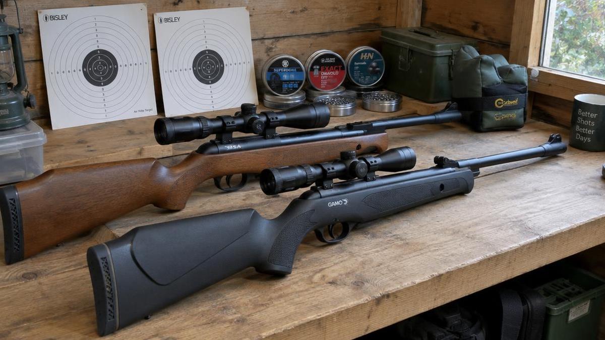 Two break-barrel air rifles side by side on a workbench