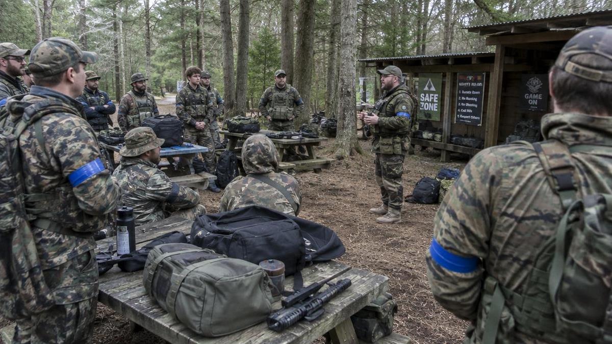 Airsoft players gathered at a woodland safe zone before a game