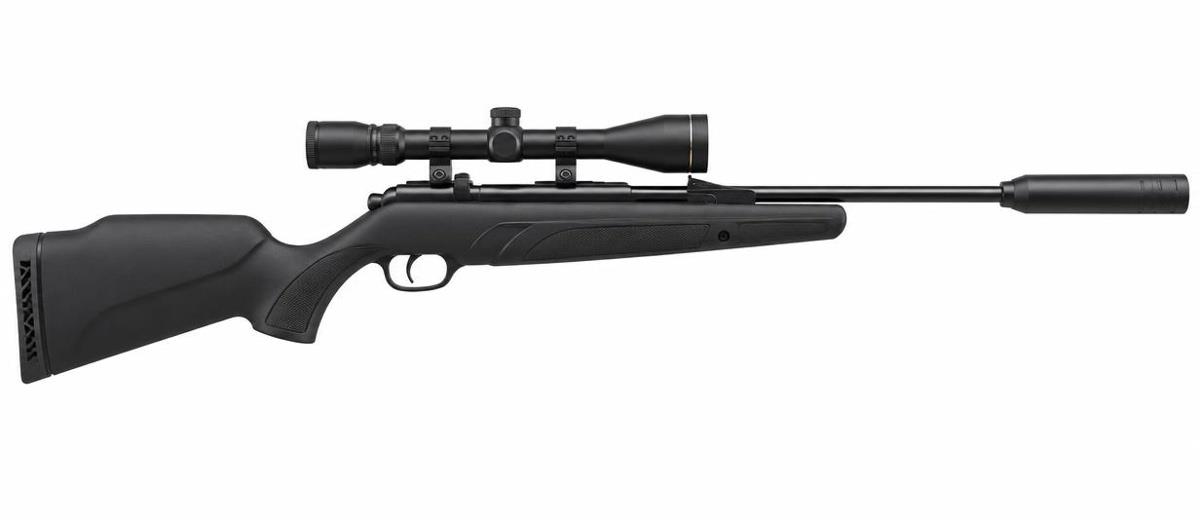 GAMO Silent Cat Air Rifle review GAMO Silent Cat air rifle with moderator and scope on white background